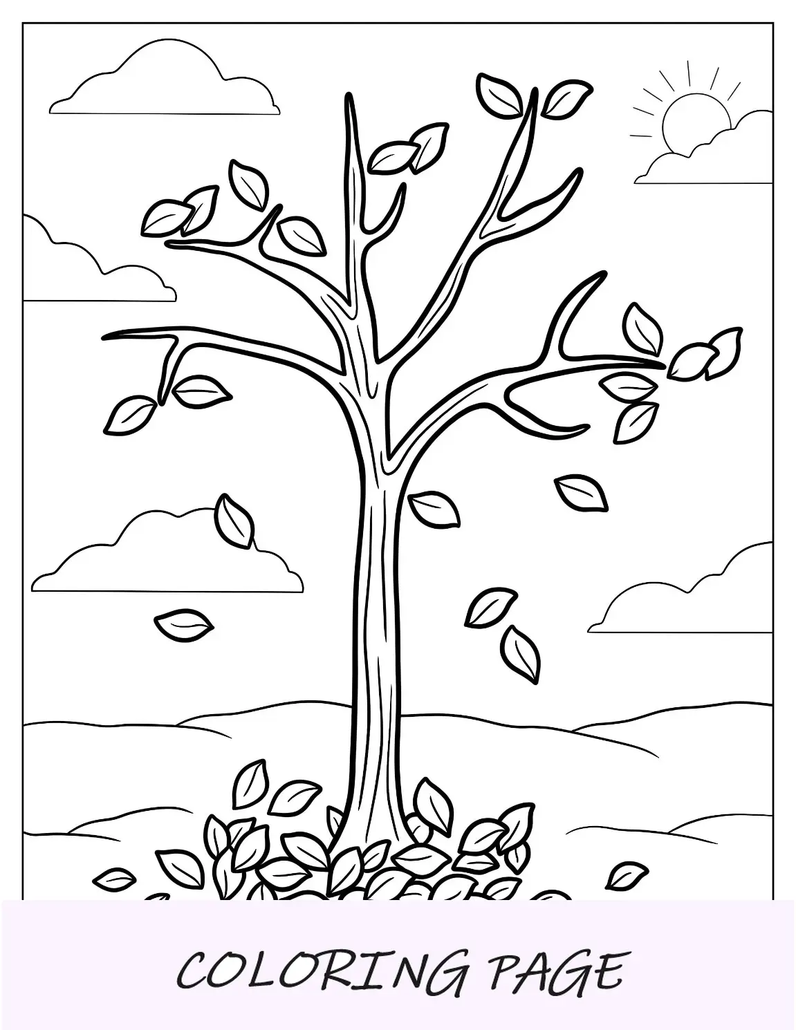 Página para colorear de otoño de un árbol simple con hojas que caen