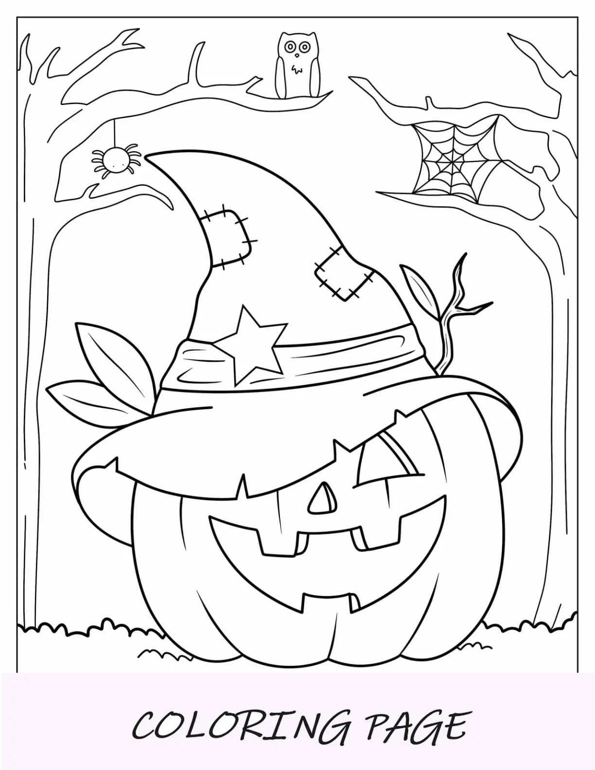 Página para colorear de otoño de un sencillo Jack O Lantern con sombrero de bruja