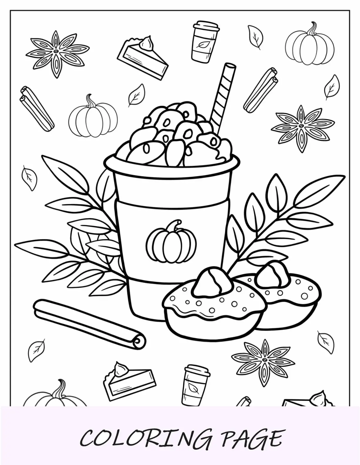 Página para colorear de otoño de Pumpkin Spice Latte con pasteles en otoño