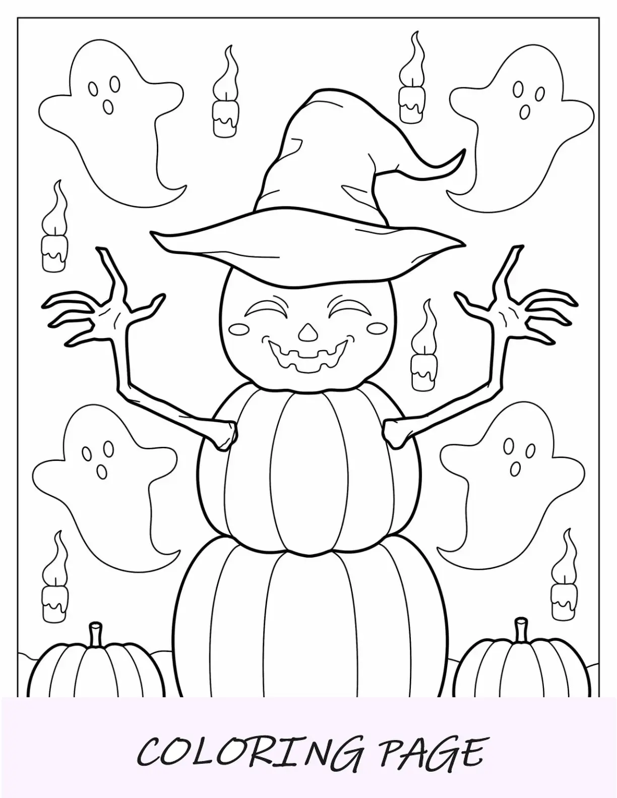 Página para colorear de otoño de calabaza, muñeco de nieve en bruja