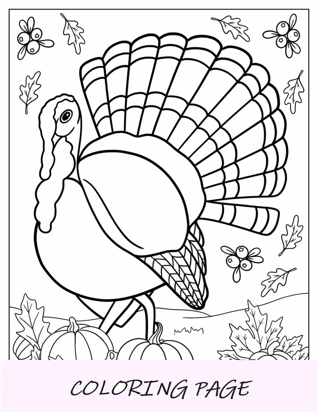 Página para colorear de otoño de un pavo grande caminando en el campo con calabazas