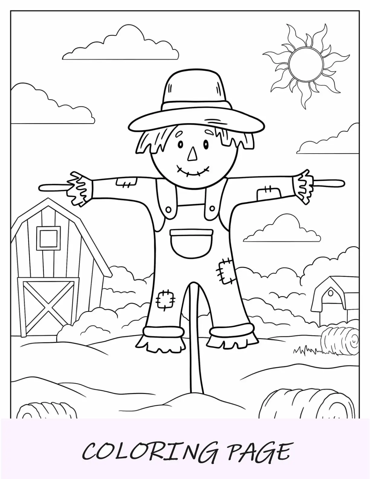Página para colorear de otoño de espantapájaros kawaii en una granja para niños