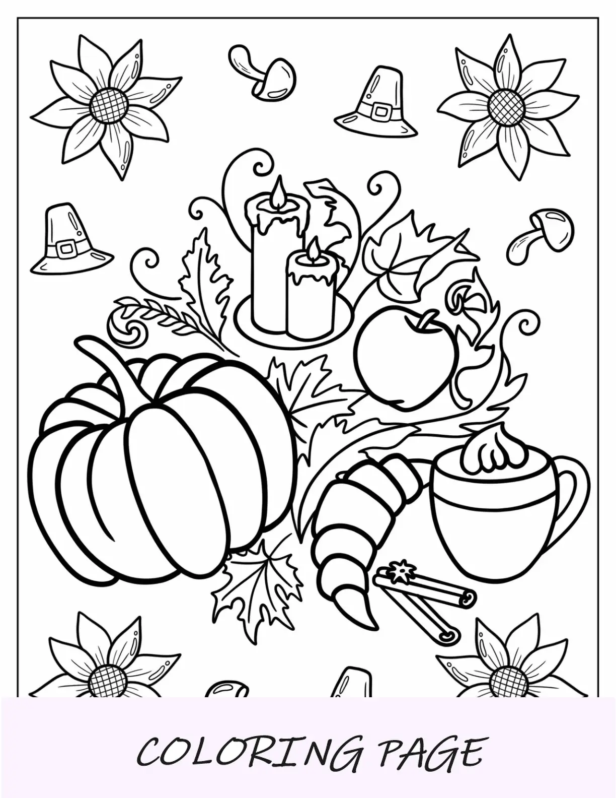 Página para colorear de otoño de calabaza, café con leche, velas y ramas de canela