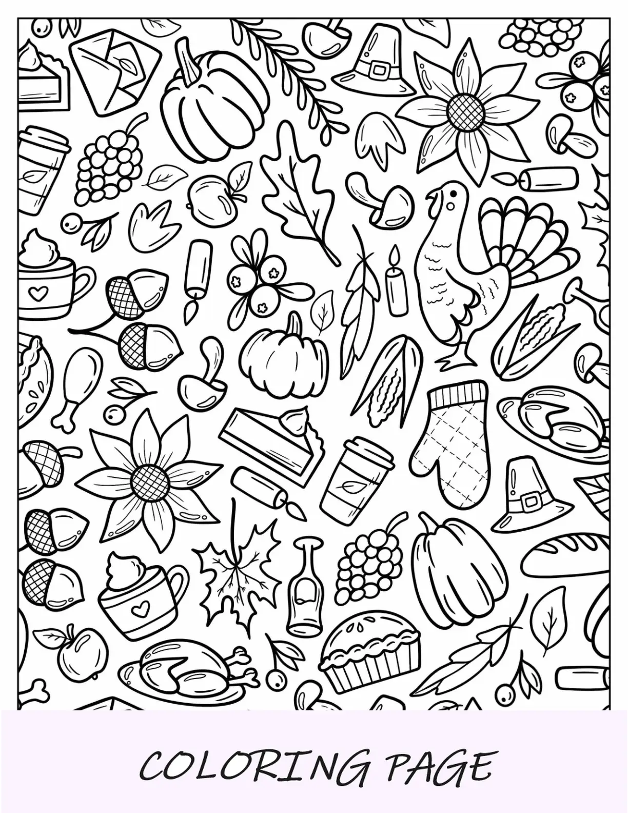 Página para colorear de otoño de elementos pavo, especias de calabaza, velas y castañas