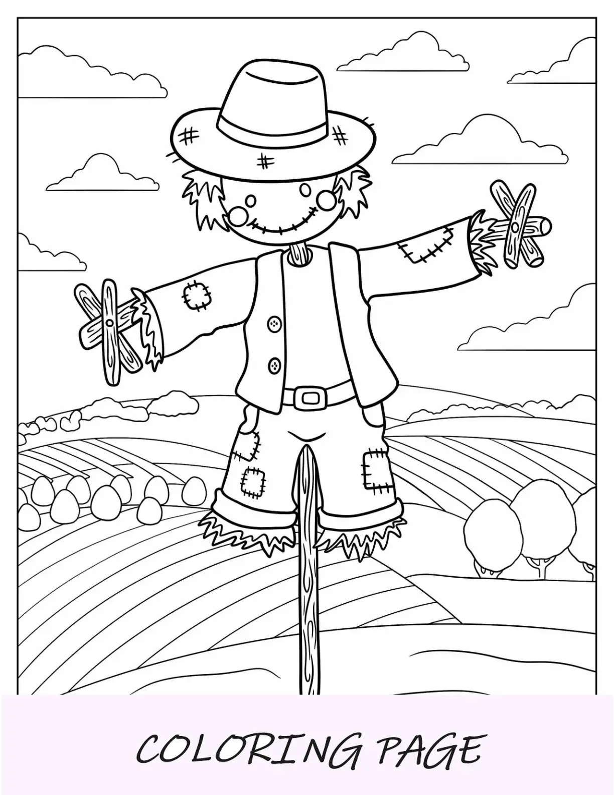 Página para colorear de otoño de un lindo espantapájaros con sombrero en medio de un campo
