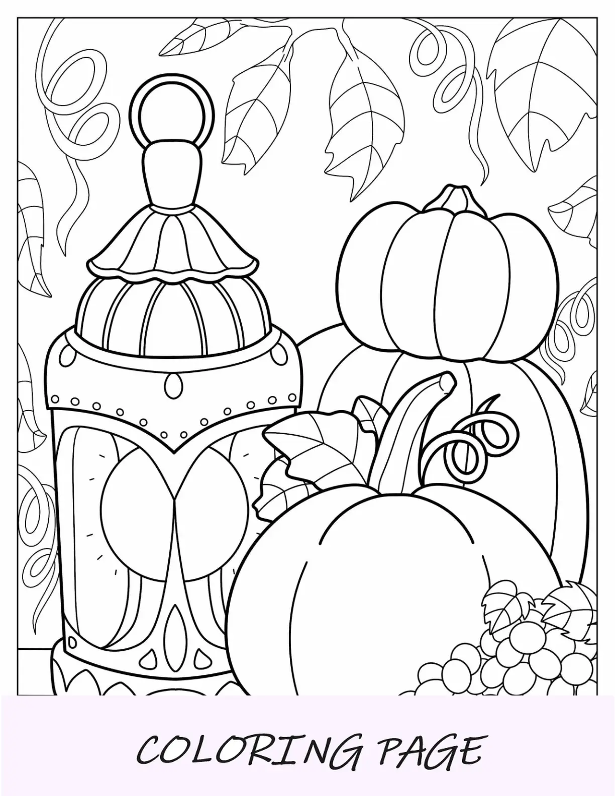 Página detallada para colorear de otoño de calabaza al lado de la linterna en la mesa