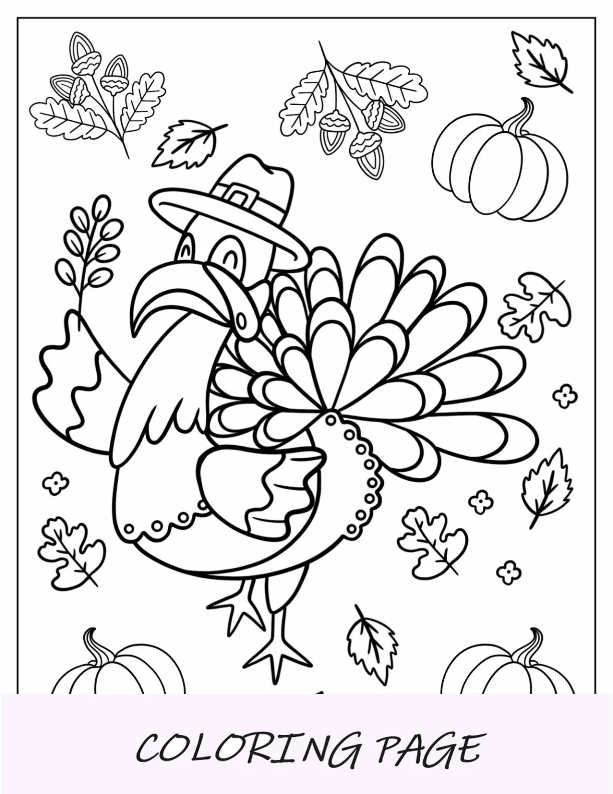 Linda página para colorear de otoño de pavo con sombrero para niños
