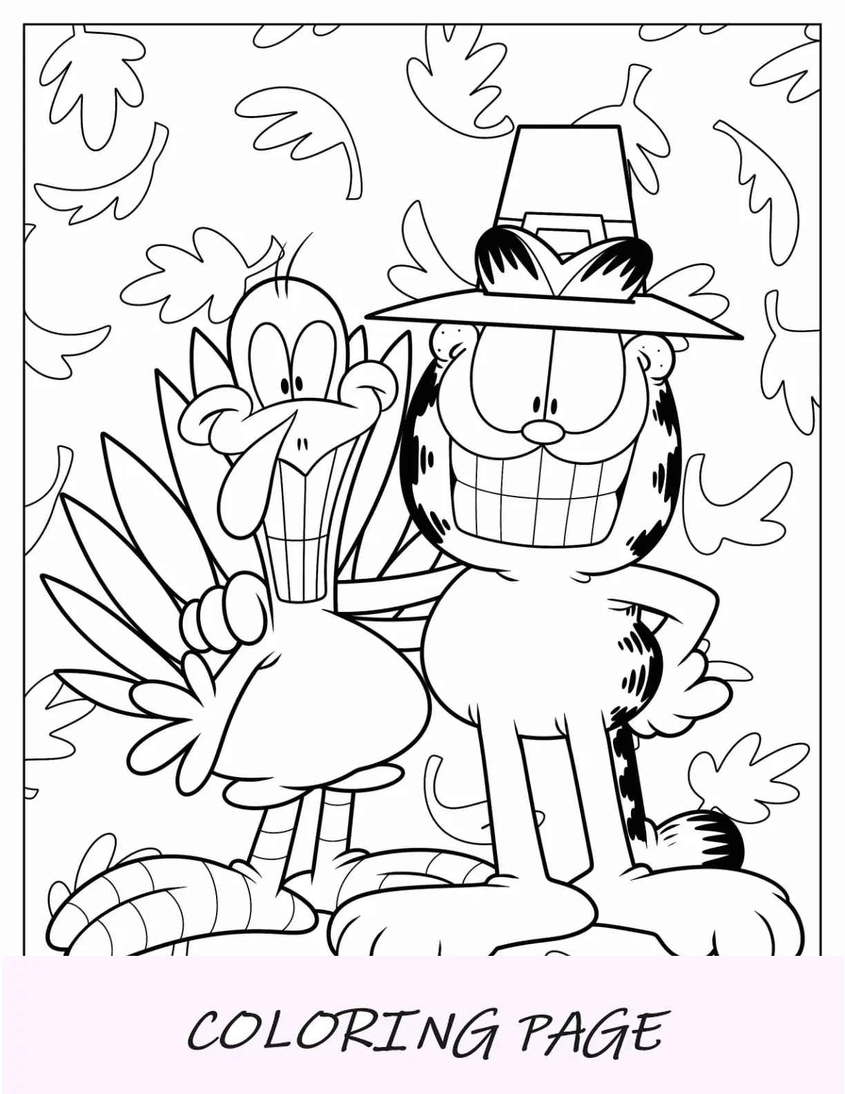 Página para colorear de otoño de Garfield y Turquía sonriendo ampliamente durante el otoño