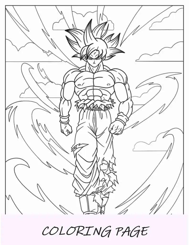 Pagina da colorare di Super Saiyan Goku nell'aria