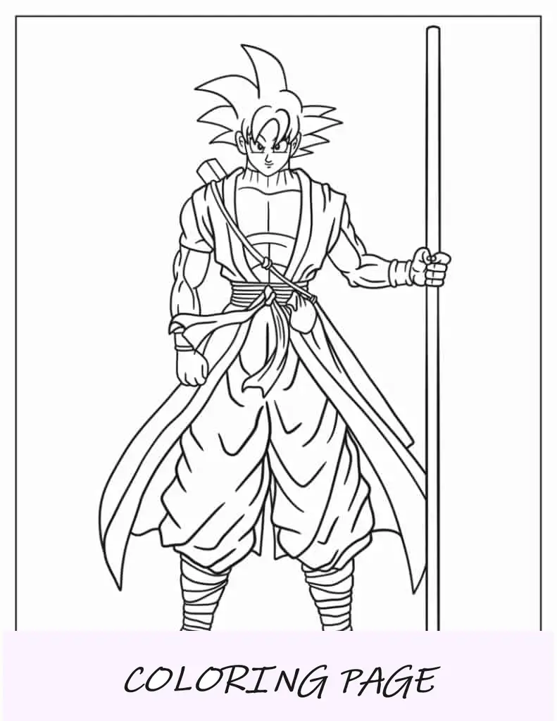 Semplice pagina da colorare di Goku che tiene il palo della luce