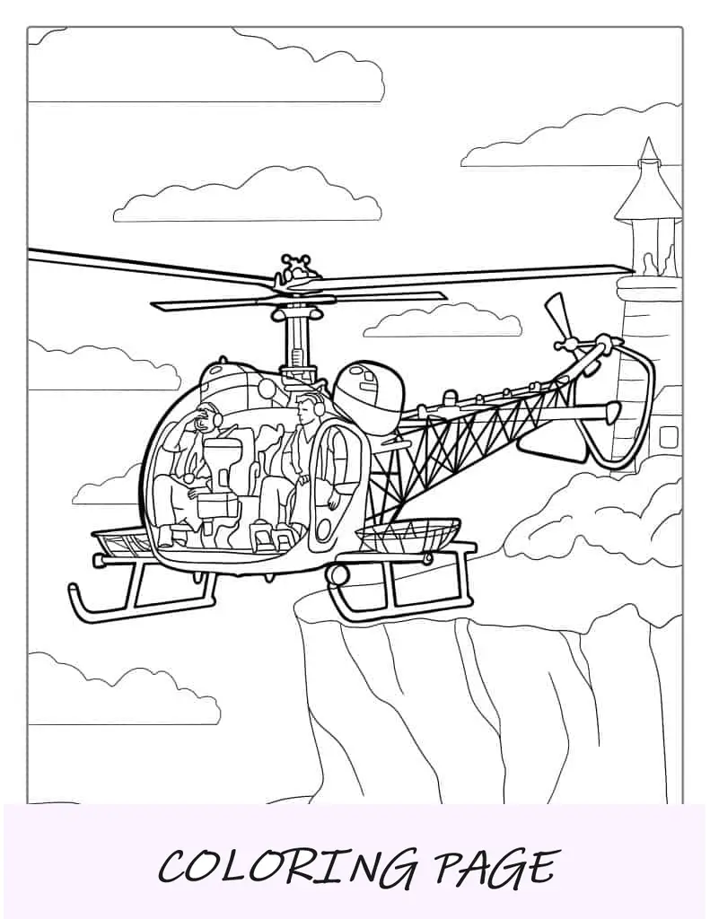 Página para colorir do helicóptero Bell 47 com pilotos