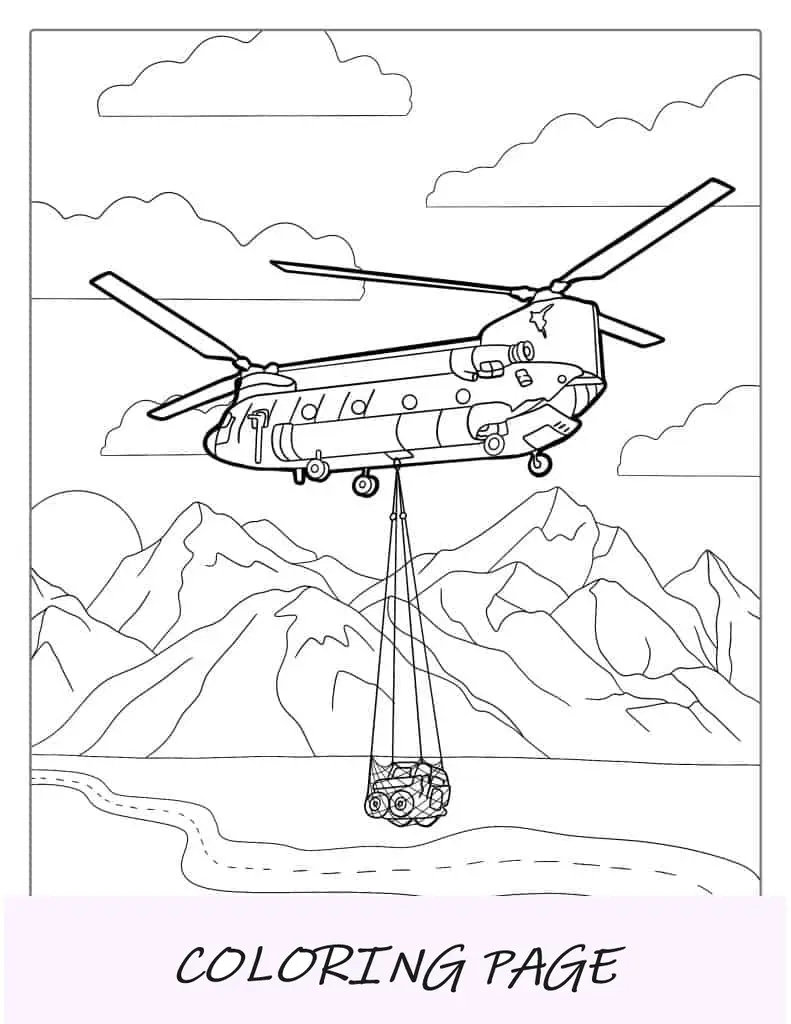 Helicóptero Chinook carregando um jipe pela cordilheira