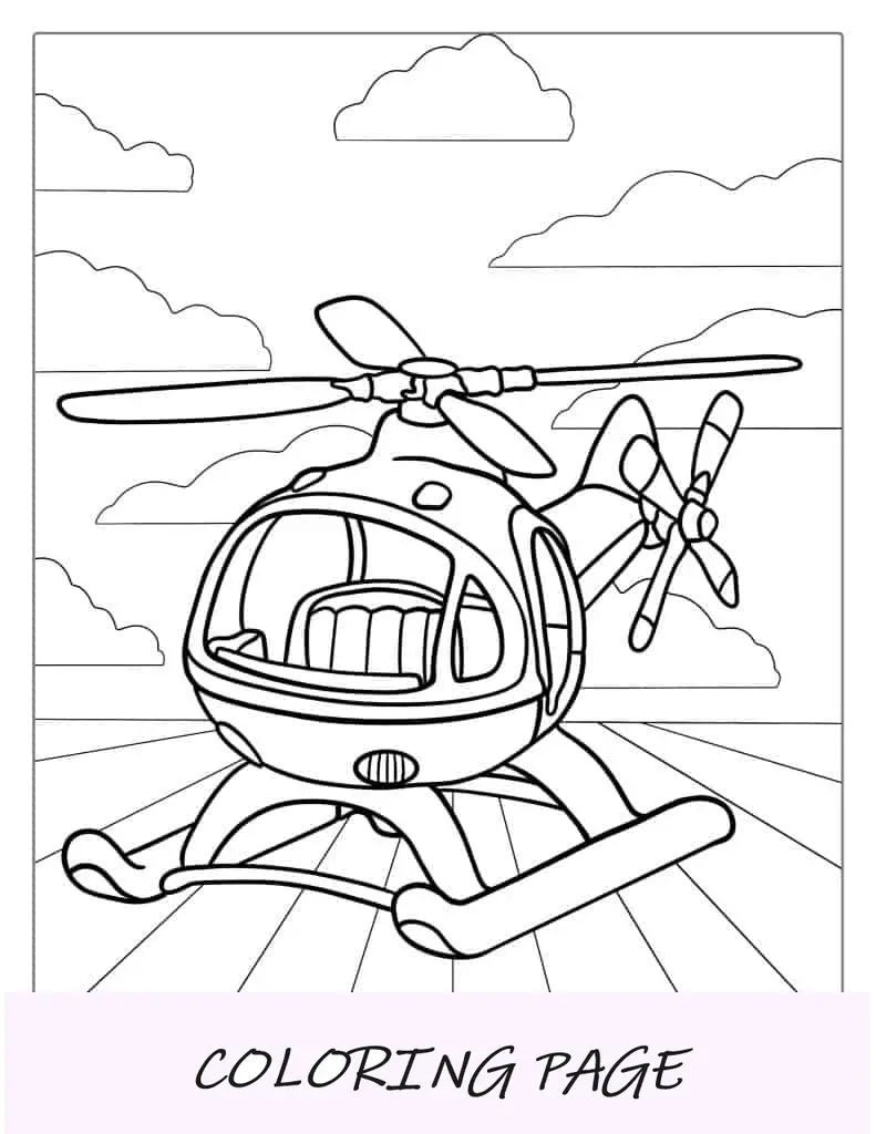 Folha para colorir fácil de helicóptero para crianças em idade pré-escolar