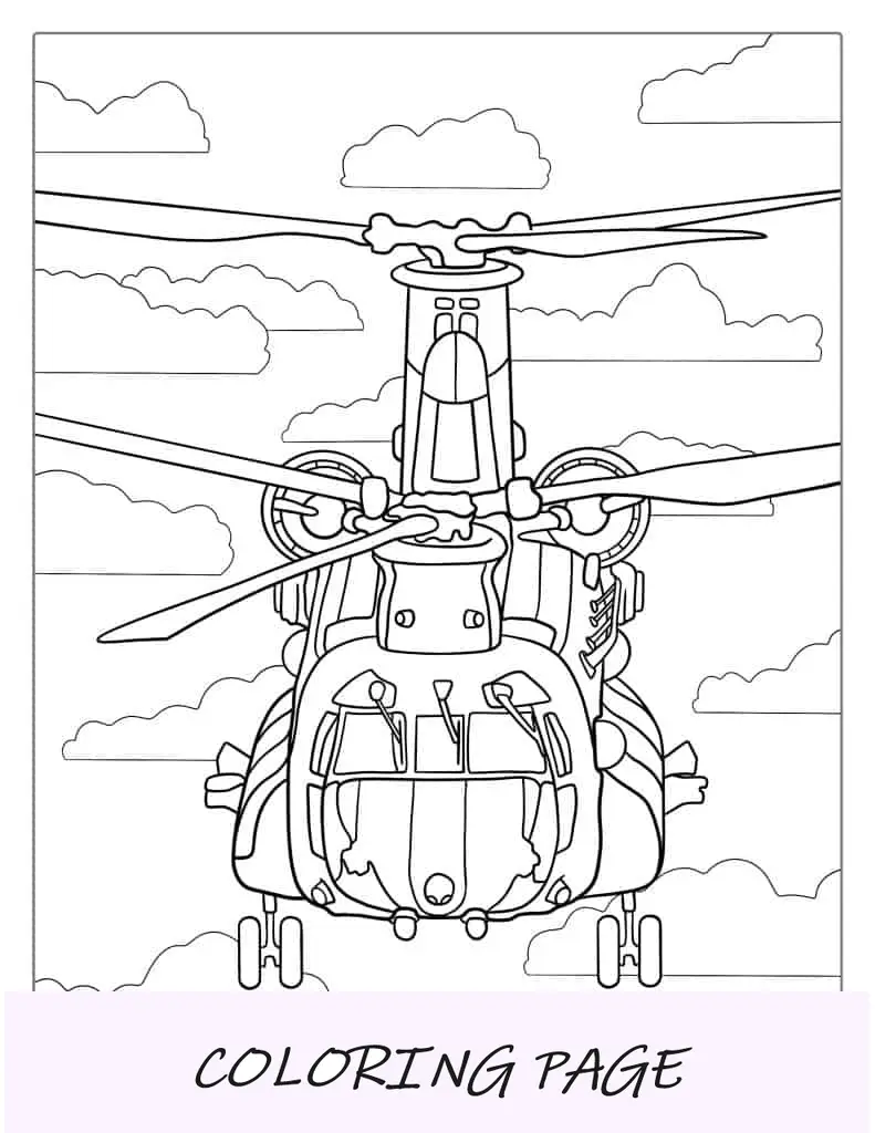 Página para colorir de helicóptero Chinook para crianças