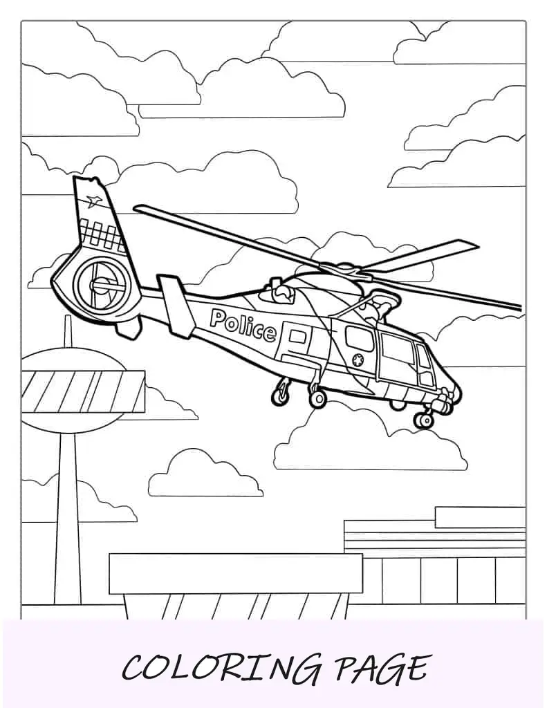Página para colorir de helicóptero da polícia para crianças
