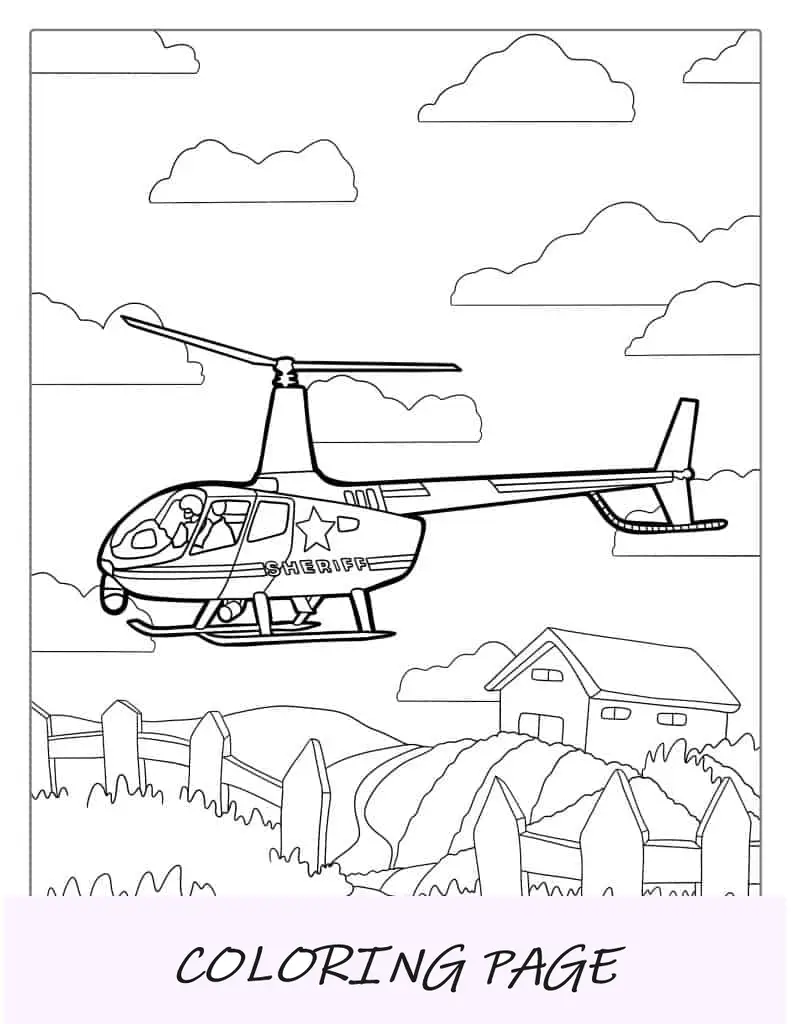 Helicóptero do xerife sobrevoando a casa para colorir
