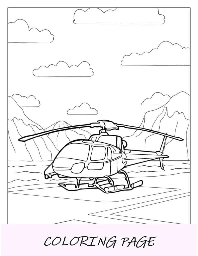 Helicóptero próximo às montanhas para colorir