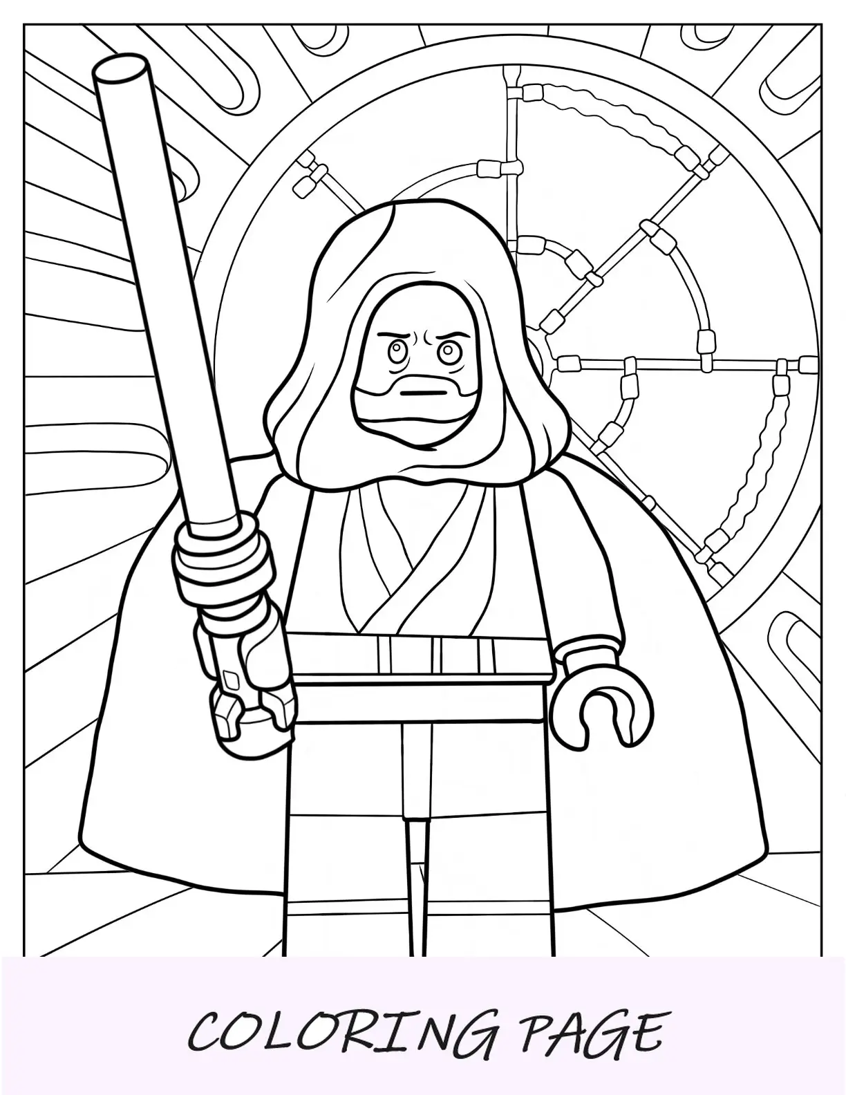 Página para colorear de Lego Star Wars de Obi Wan Kenobi sosteniendo un sable de luz