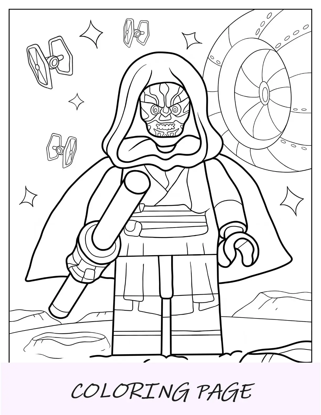 Página para colorear de Lego Star Wars de Darth Maul con sable de luz y capa