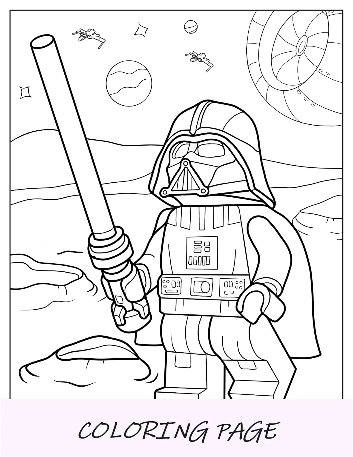 Página sencilla para colorear de Lego Star Wars de Darth Vader luchando en el espacio