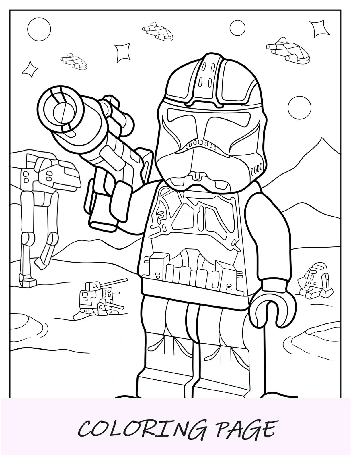 Página para colorear de Lego Star Wars de Stormtrooper disparando Blaster en batalla