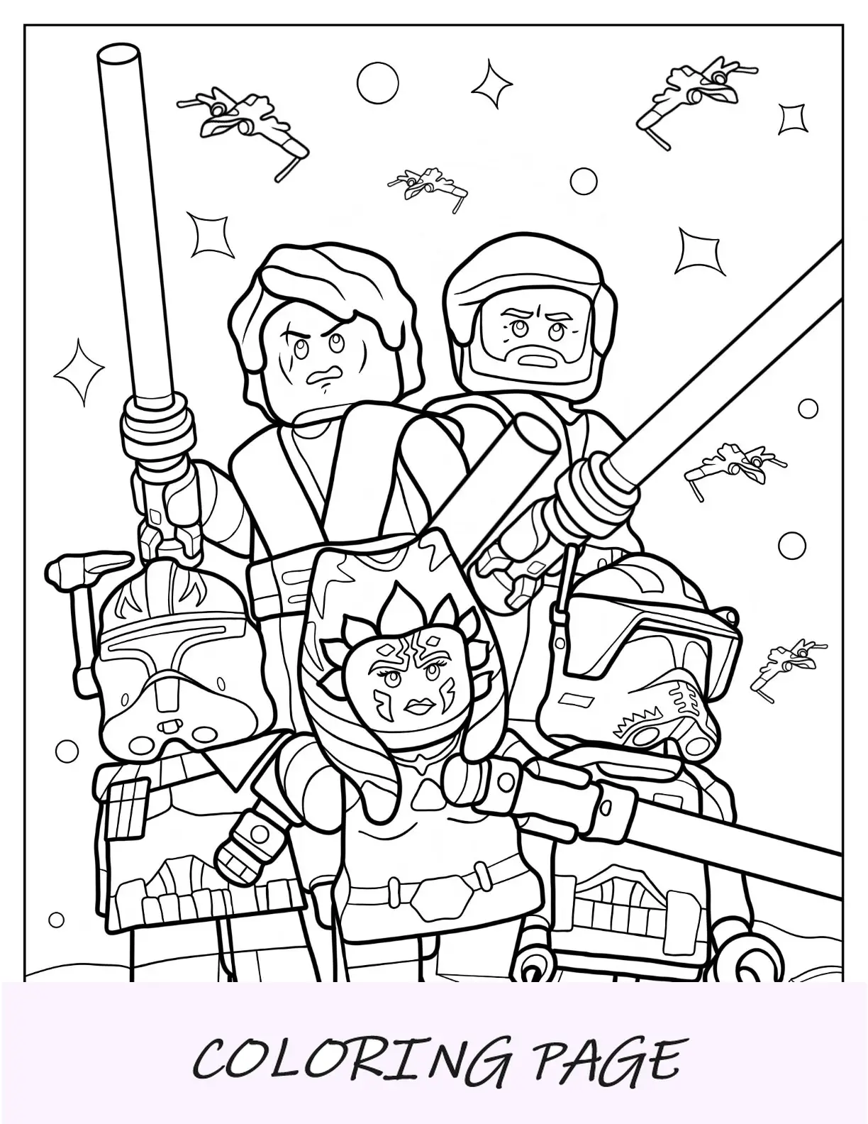 Página para colorear de Lego Star Wars de Star Wars Luke, Obi Wan, Ahsoka y Clone Troopers