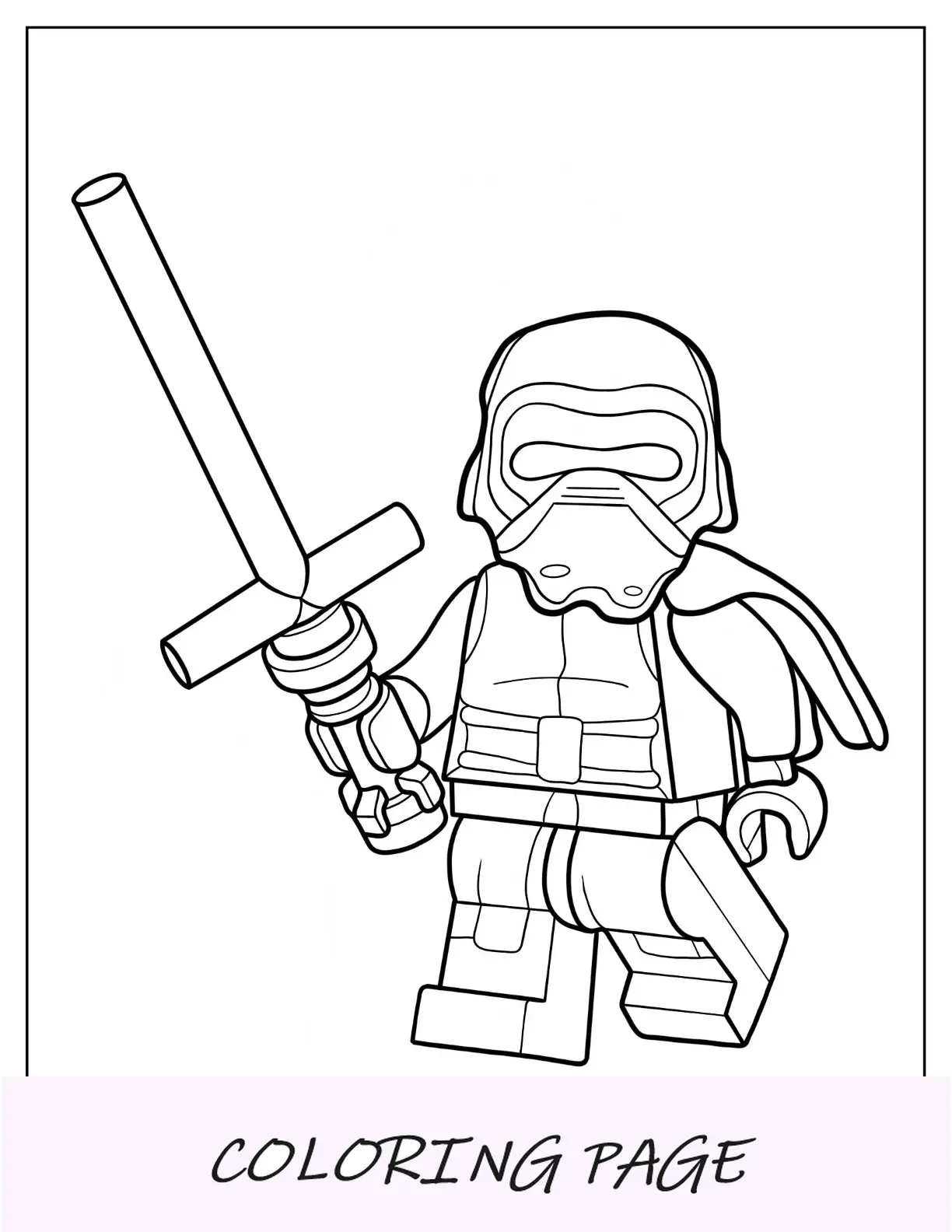 Página para colorear simple de Lego Star Wars de Kylo Ren sosteniendo un sable de luz