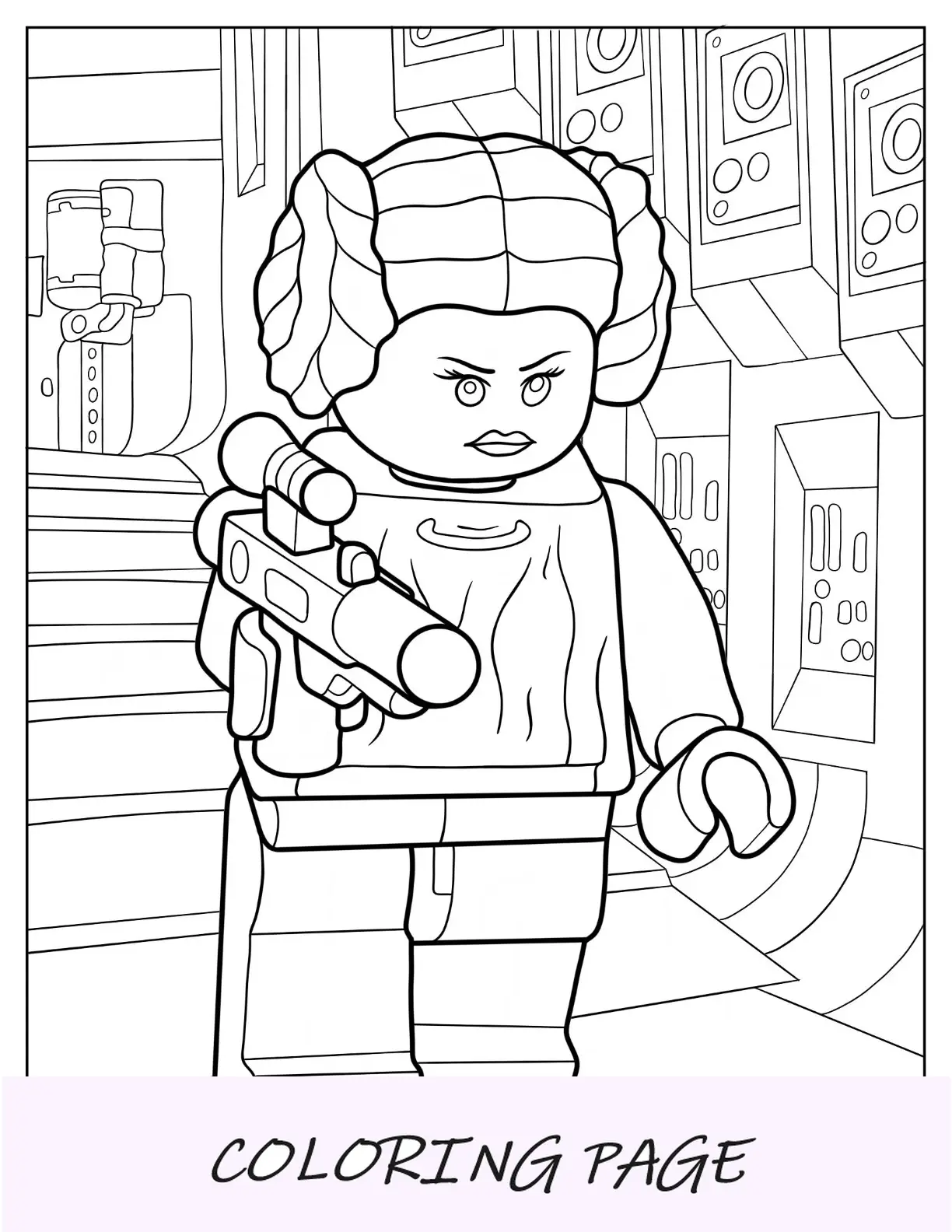 Página detallada de Lego Star Wars para colorear de la princesa Leia sosteniendo Blaster