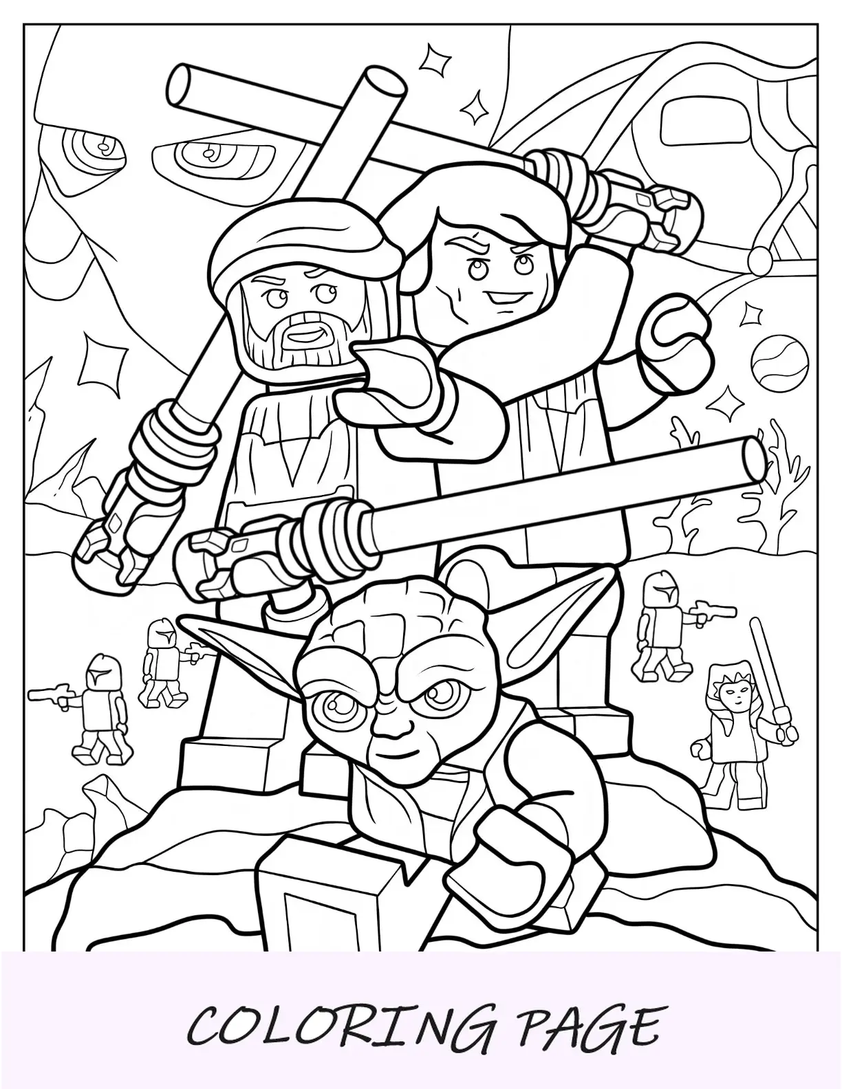 Página para colorear de Lego Star Wars de Luke Skywalker, Obi Wan Kenobi y el maestro Yoda