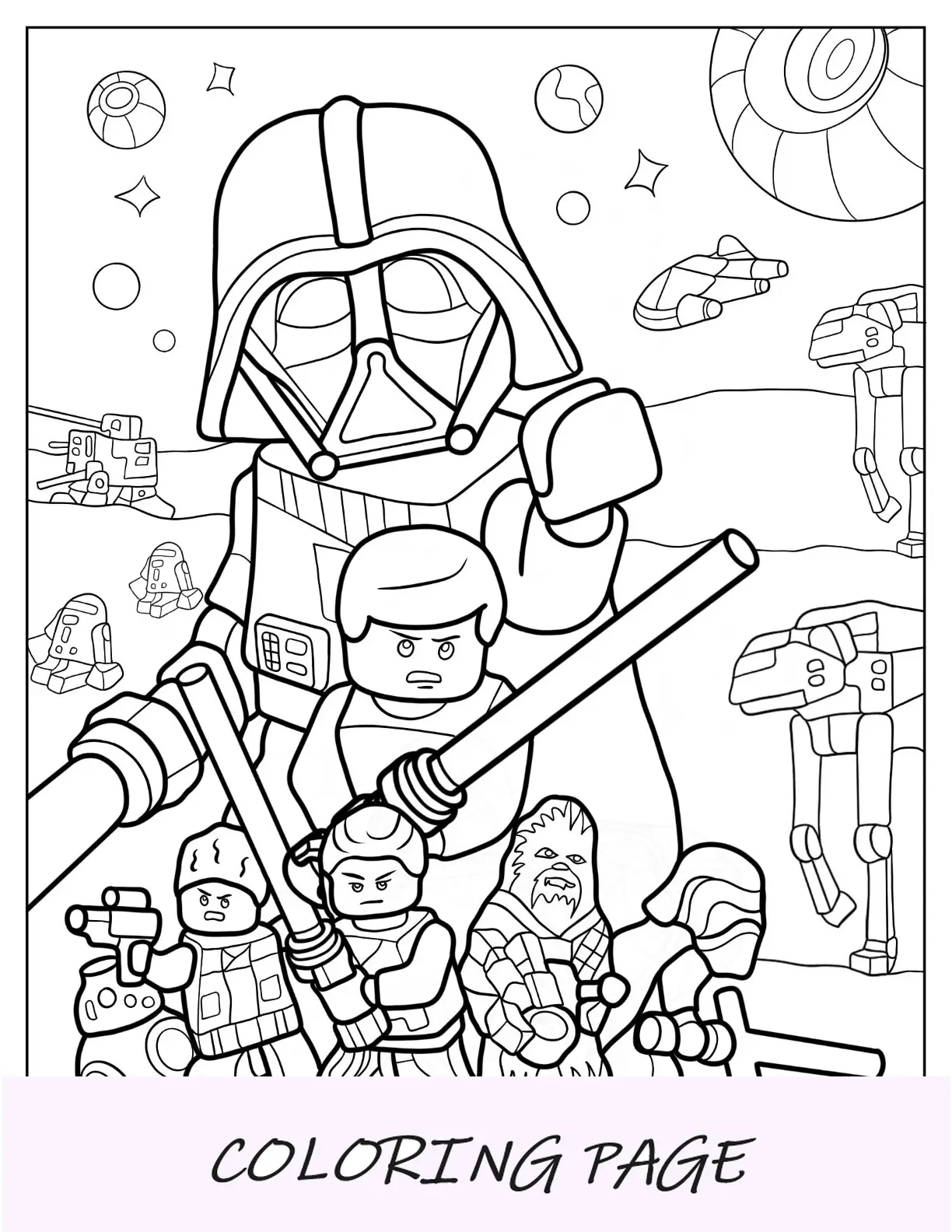 Página para colorear de Lego Star Wars de Darth Vader, Rey, Kylo Ren, Chewbacca, Finn y BB8