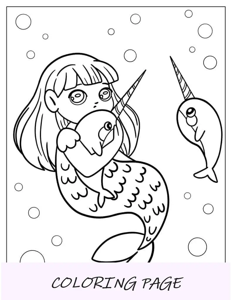 Hojas para colorear de sirena y narval