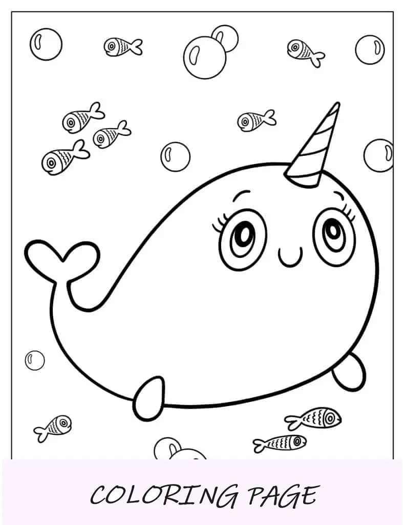 Adorable Narval Kawaii Nadando Con Peces