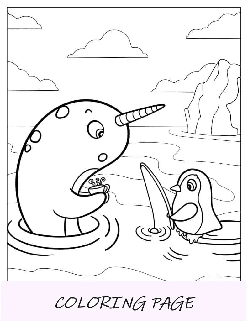 Narval de dibujos animados con un amigo pingüino para colorear