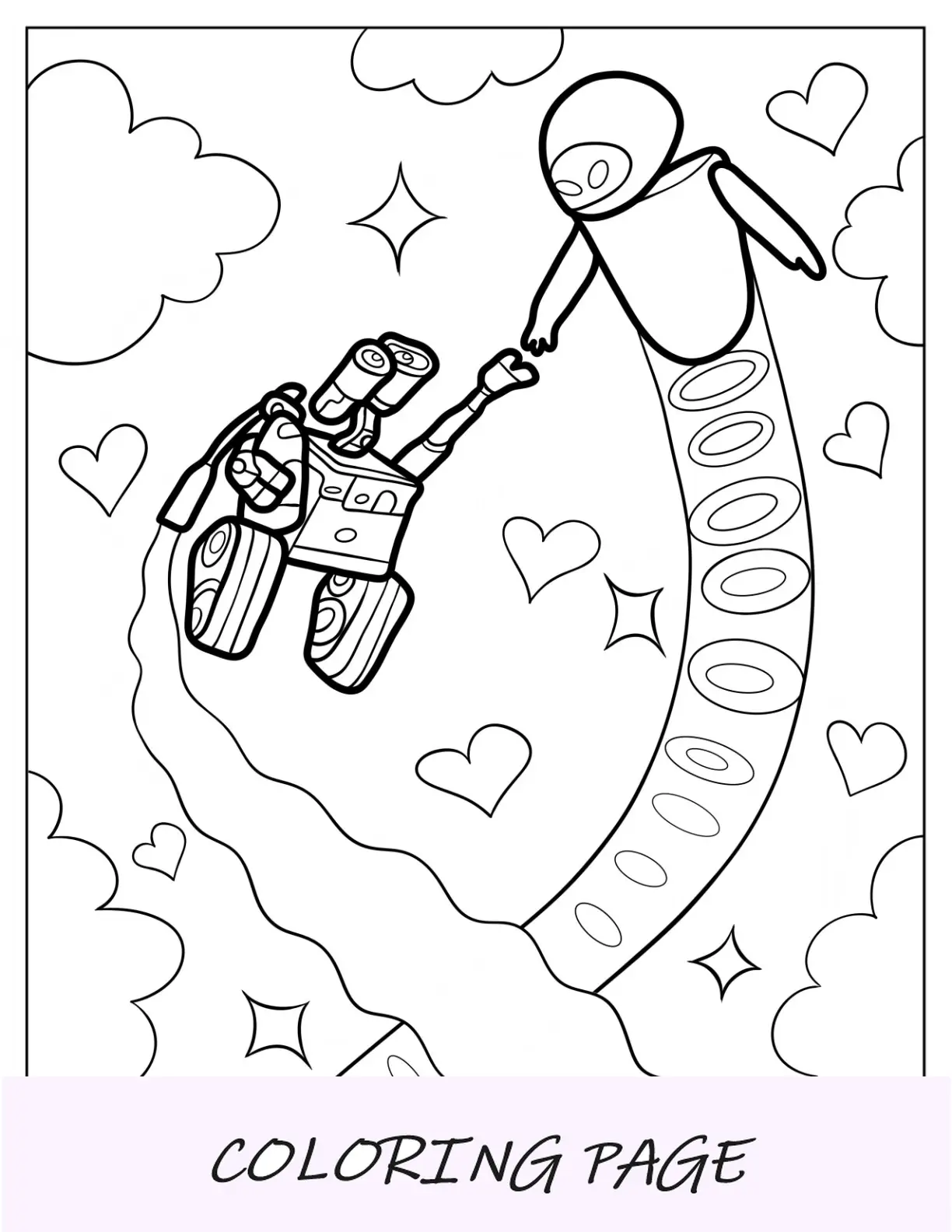 Página para colorear de Wall-E y Eva volando por el espacio