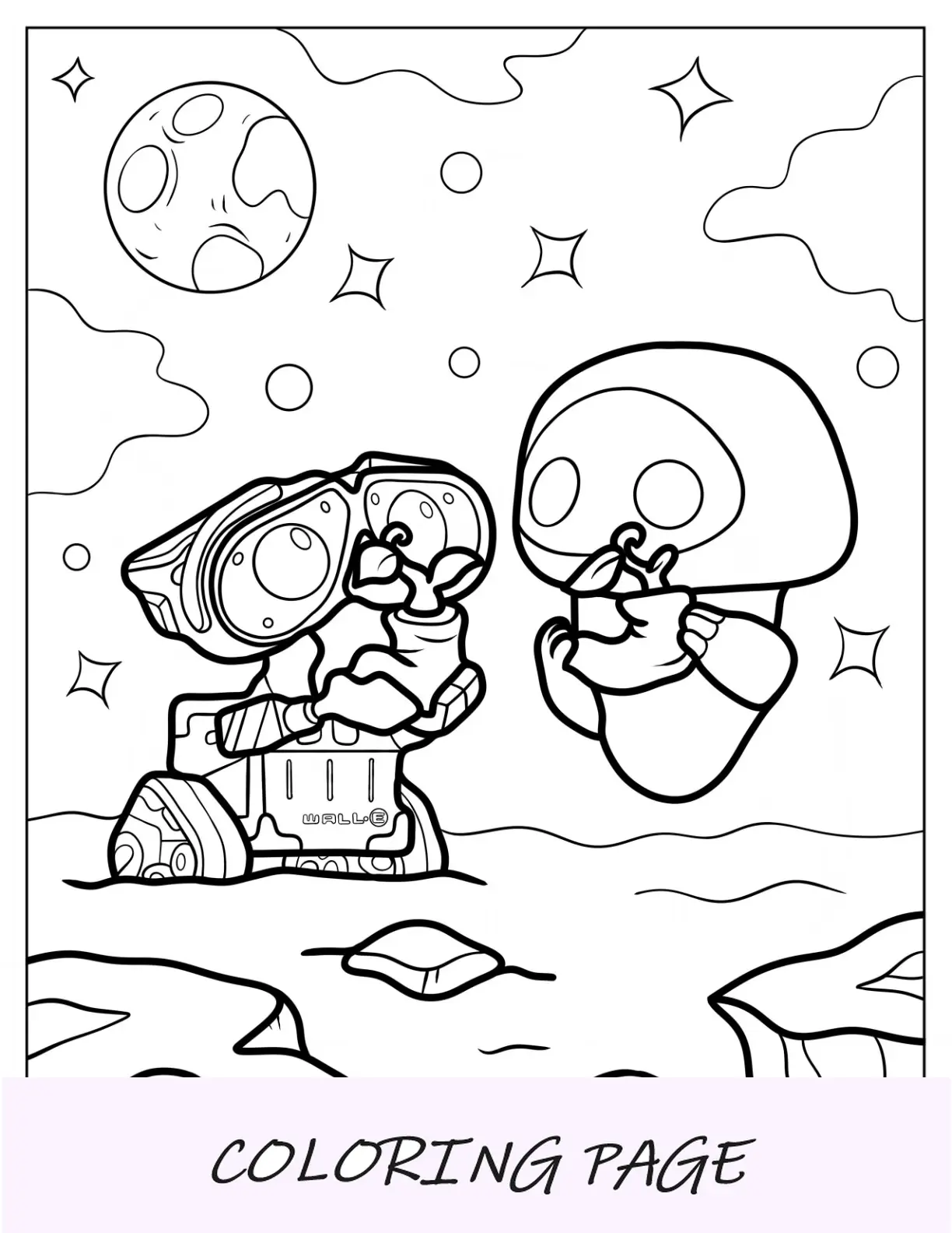 Linda página para colorear de Wall-E y Eve sosteniendo plantas