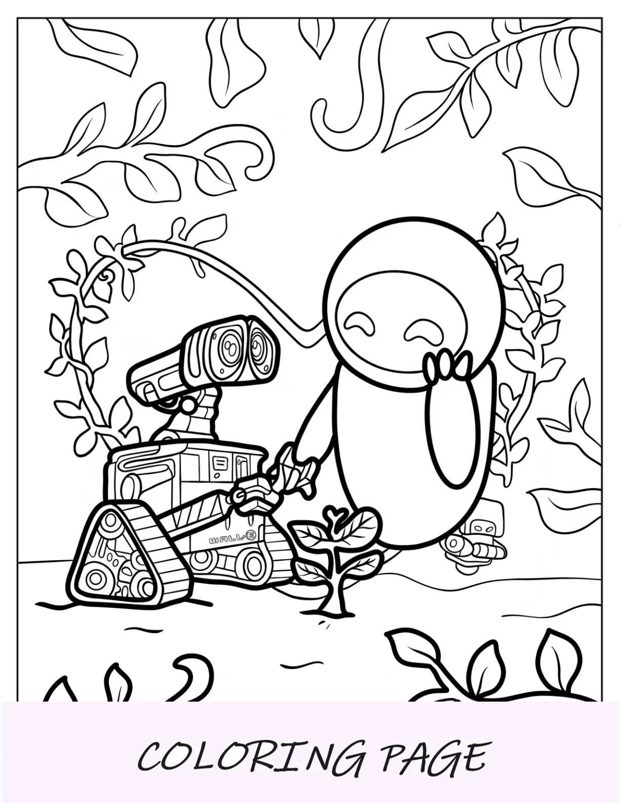 Página para colorear de Wall-E y Eve tomados de la mano frente a una planta
