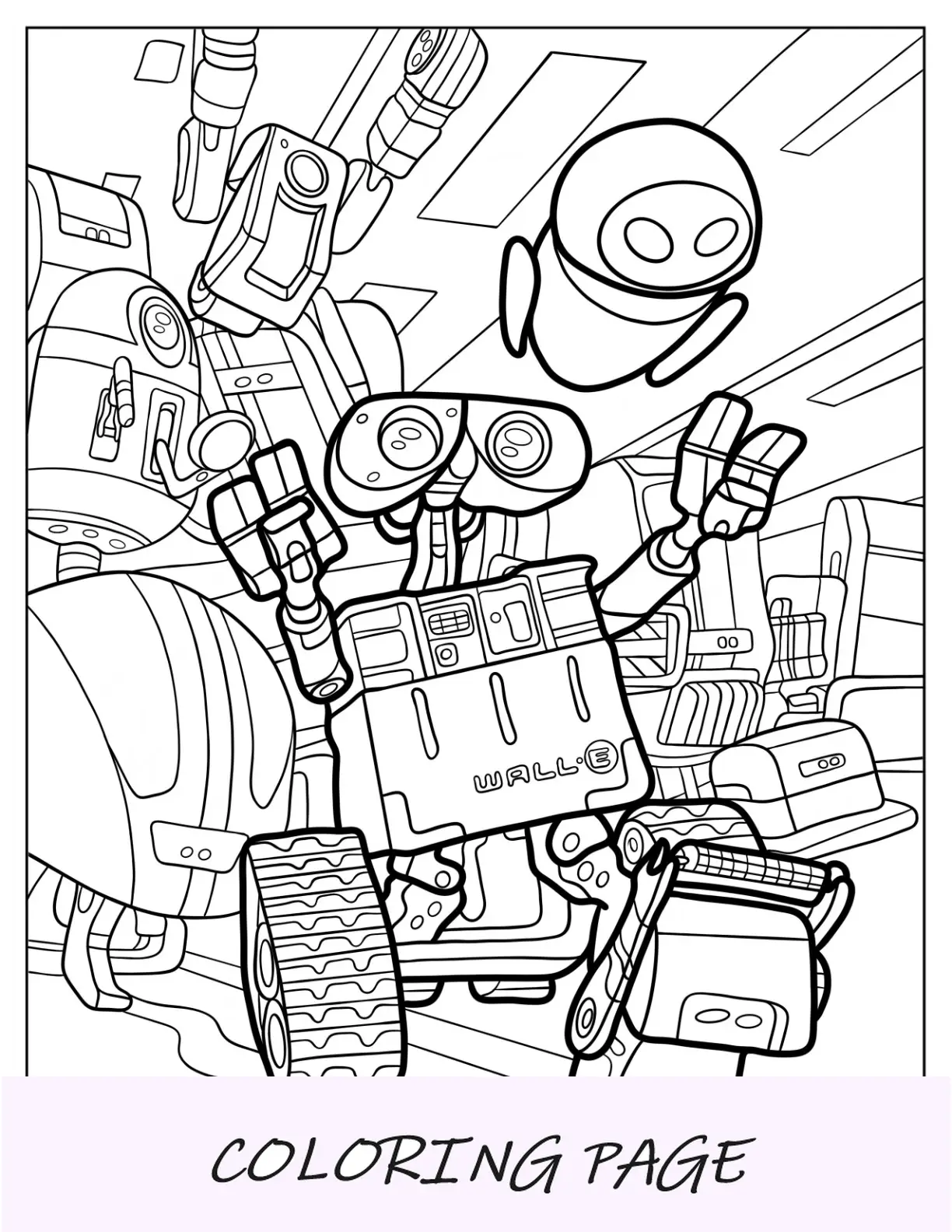 Eva, Página para colorear de Wall-E, M O y otros robots marchando