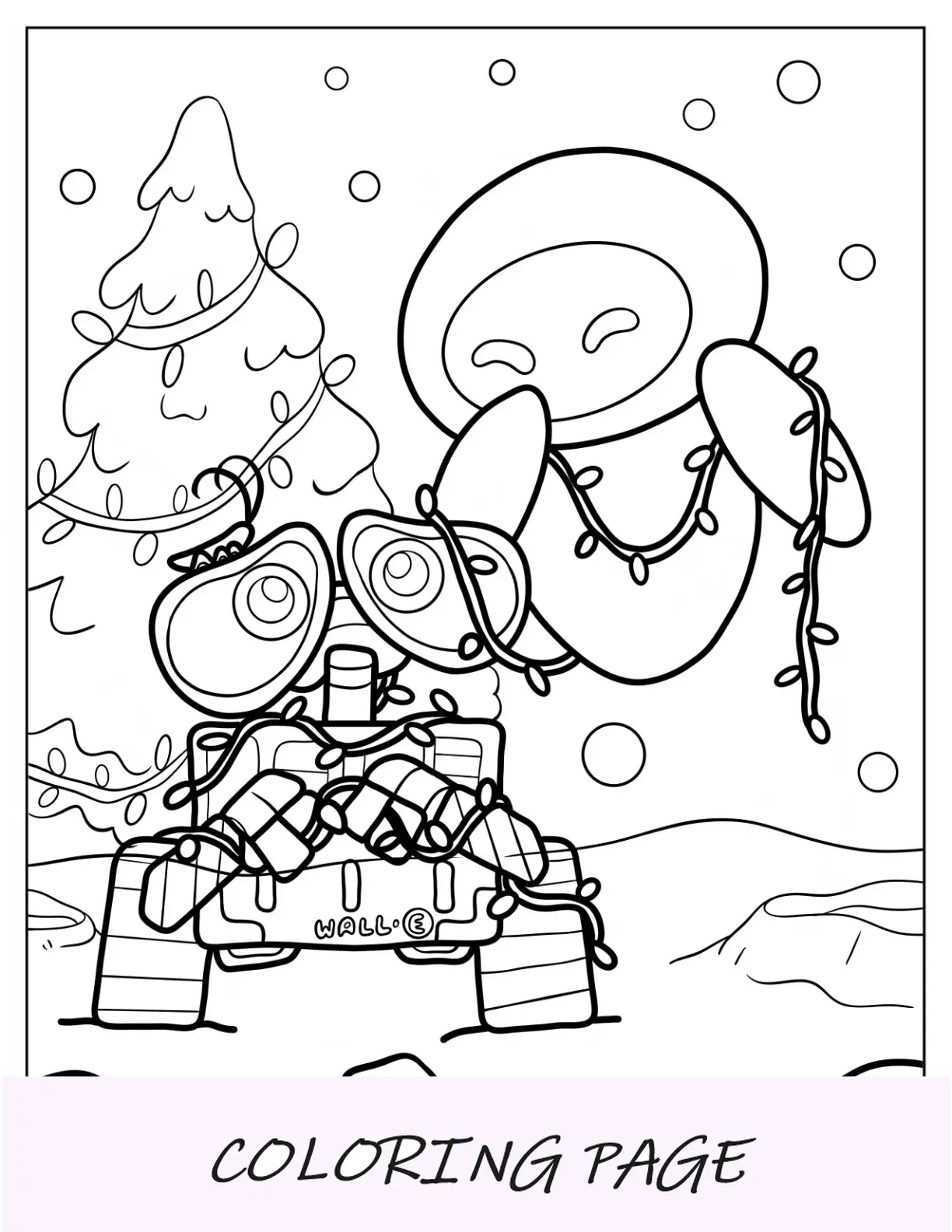 Página para colorear de Eve Wrapping Wall-E con luces navideñas