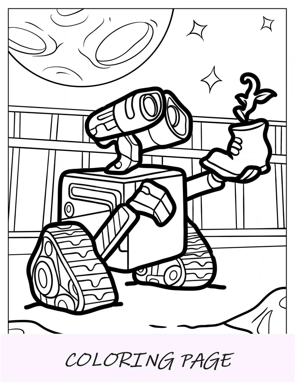 Linda página para colorear de Wall-E sosteniendo una planta en una bota