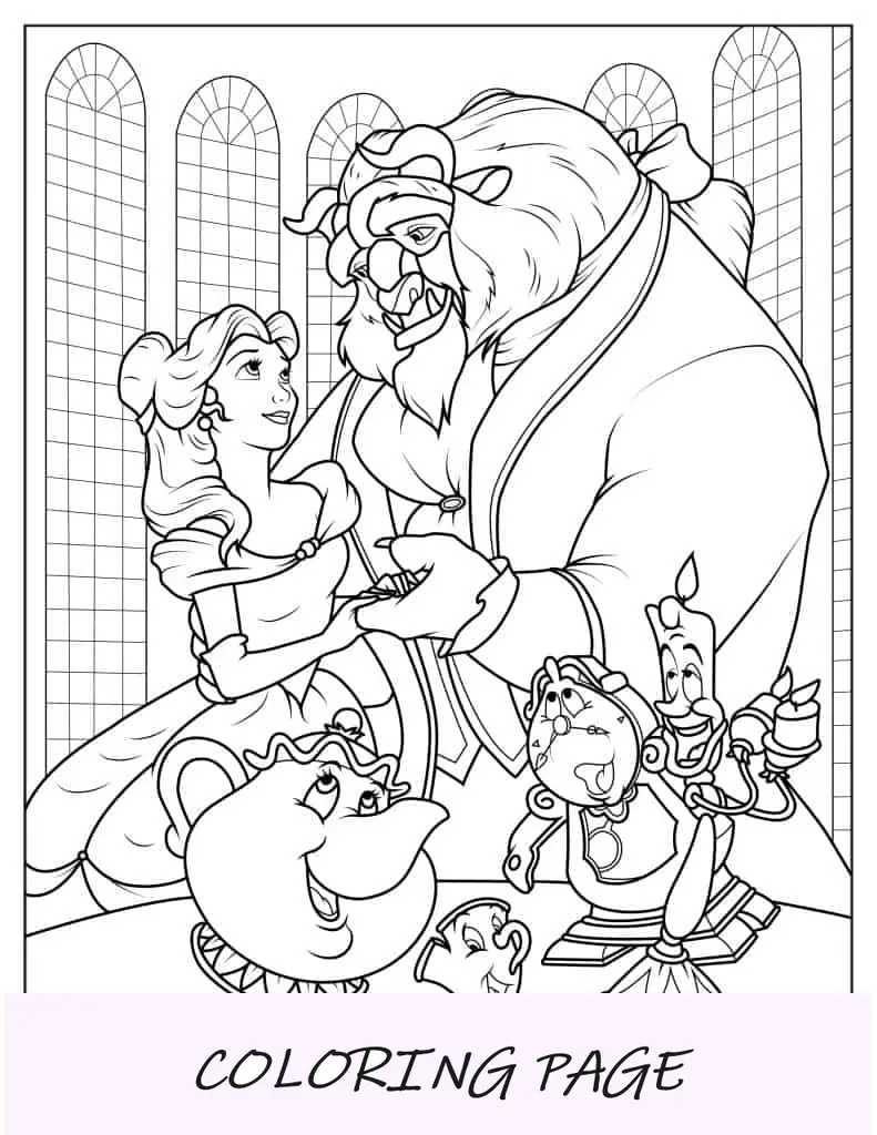 Belle con Cogsworth, Chip, la signora Potts e la bestia