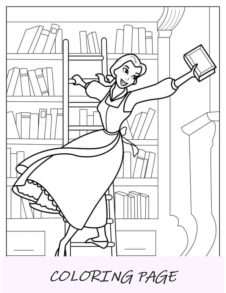 Pagina da colorare di Belle Dancing in Book Store
