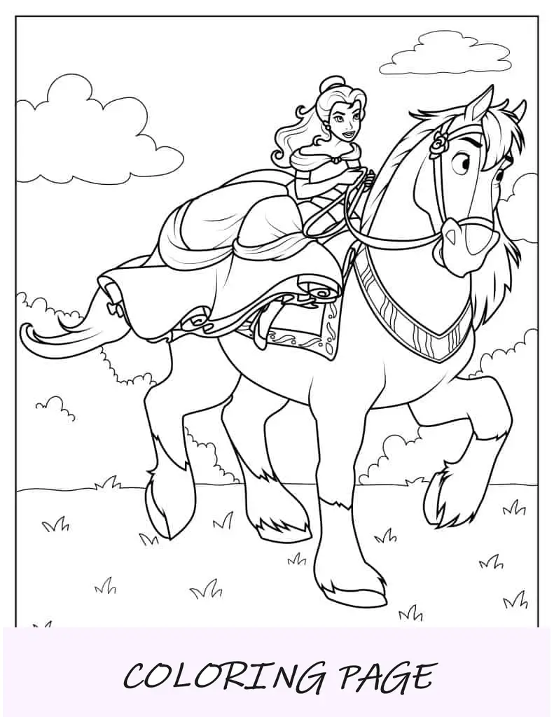 Foglio da colorare di Belle con il suo cavallo Phillipe