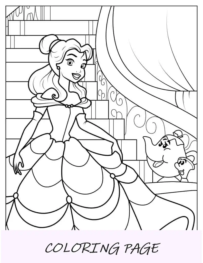 Pagina da colorare Principessa Belle con la signora Potts e Chip