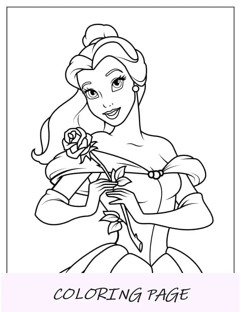 Semplice contorno della principessa Belle che tiene una rosa