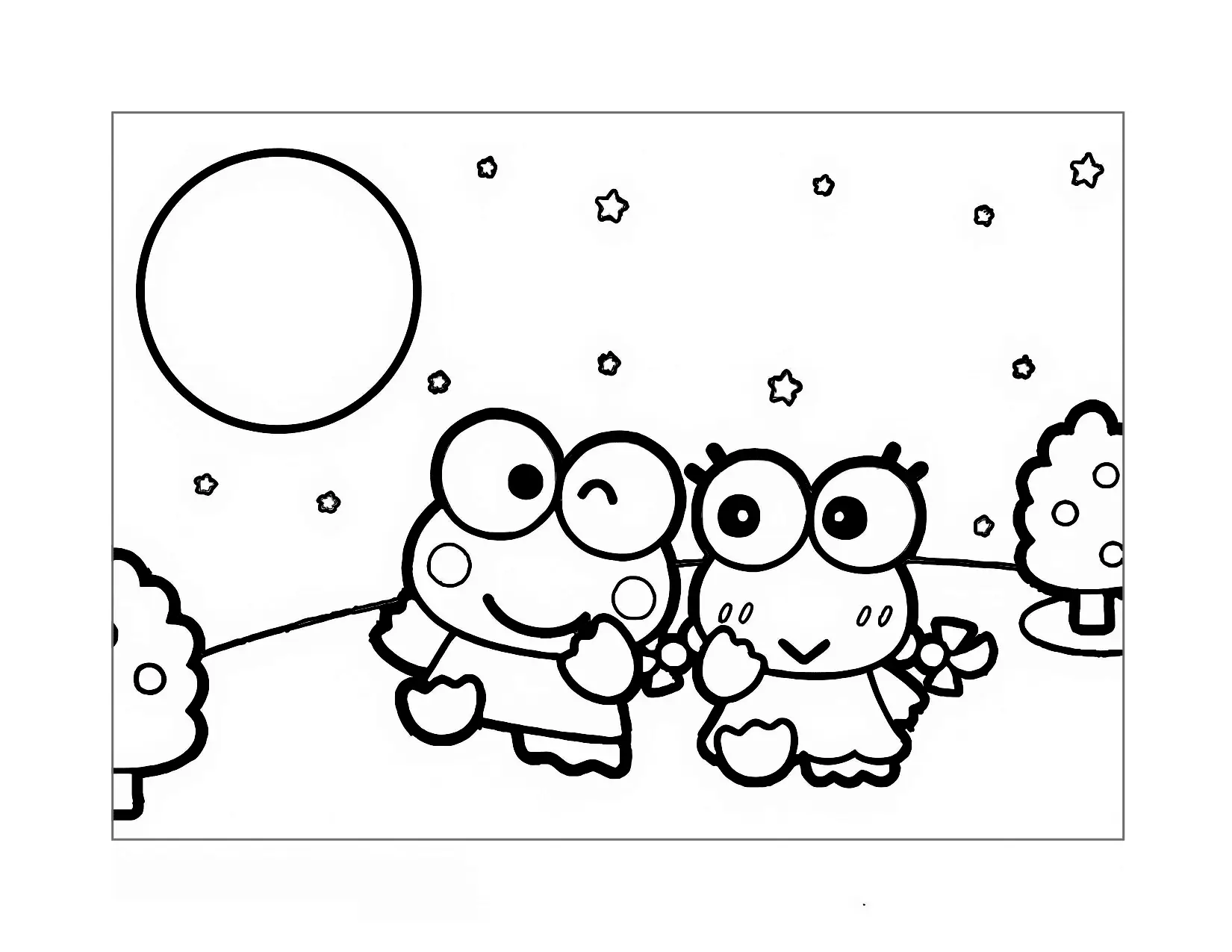 Keroppi And Keroleen Walk Under The Moon Coloring Page