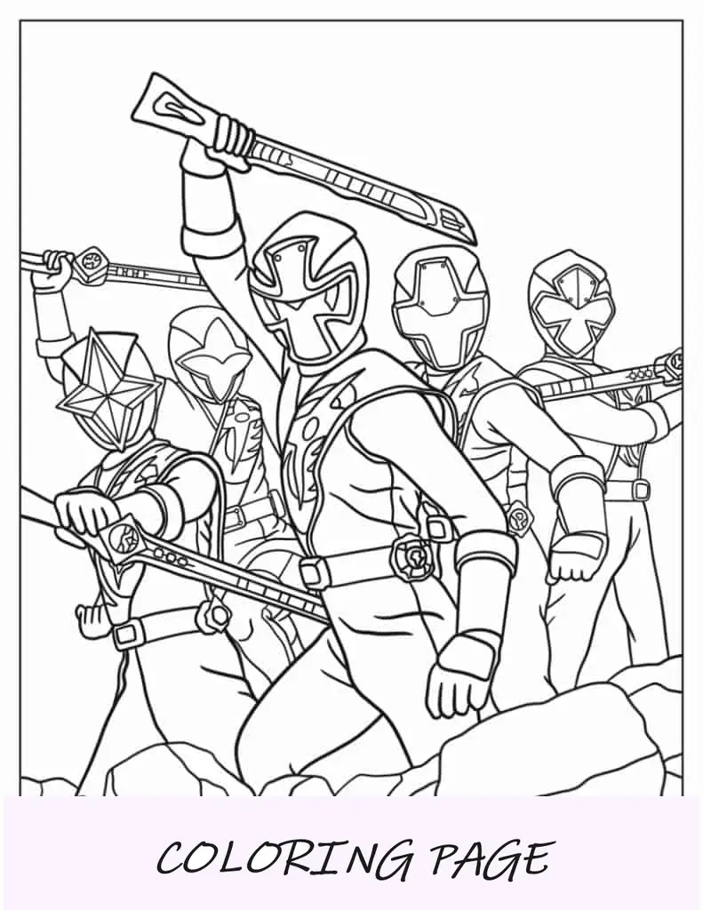 Página para colorear de Power Rangers luchando juntos