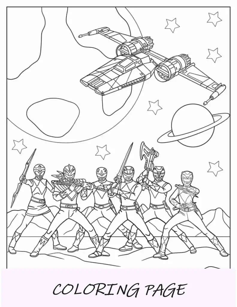Hoja para colorear de Power Rangers luchando en el espacio exterior