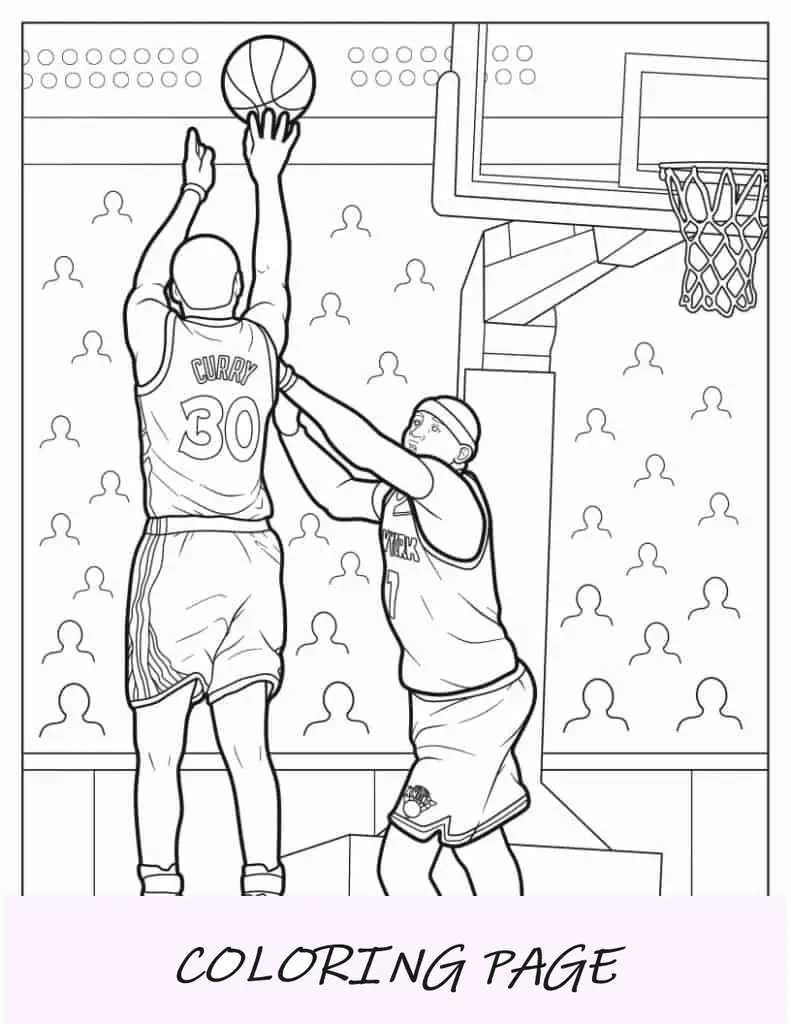 Página para colorir de Stephen Curry atirando três ponteiros
