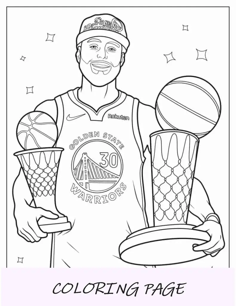Página para colorir de Steph Curry segurando troféus