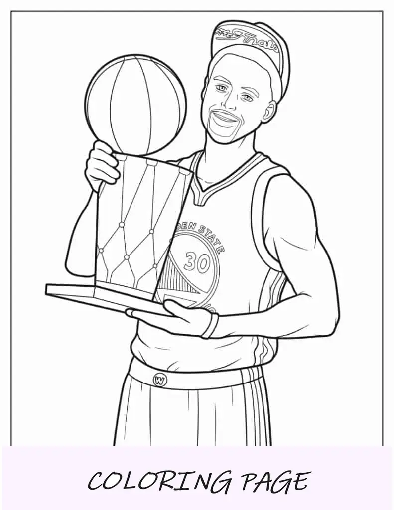 Folha para colorir de Stephen Curry segurando o troféu do campeonato